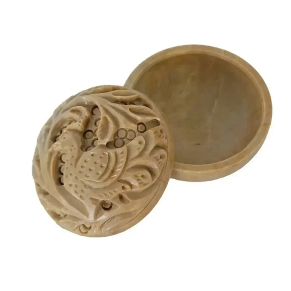Vintage Hand Carved Soapstone Trinket Box Round Small Bird Carving Boho Deco Box